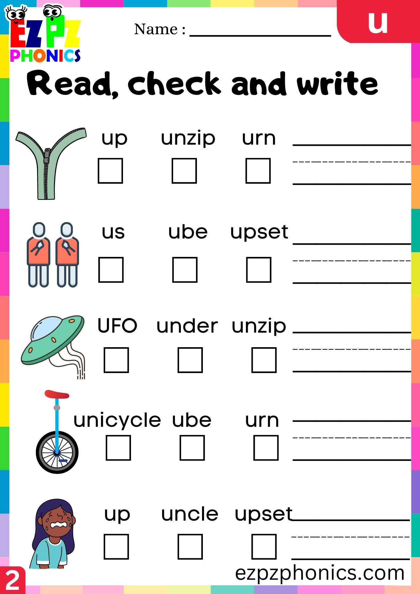 Group2 Letter U Read, Check And Write Beginning Sounds Worksheet